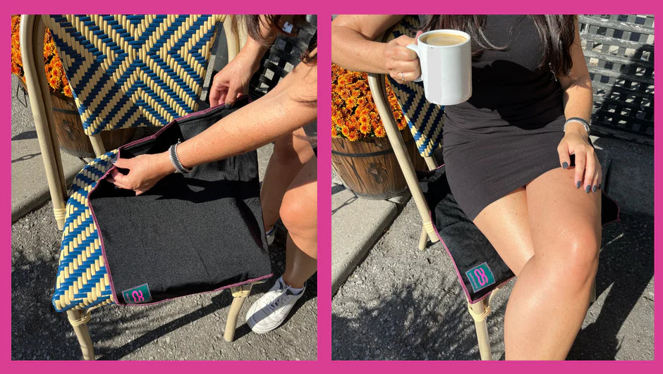 Seat Square |  Seat Square being used on patio chair. Seat Square on chair with woman sitting on it drinking coffee