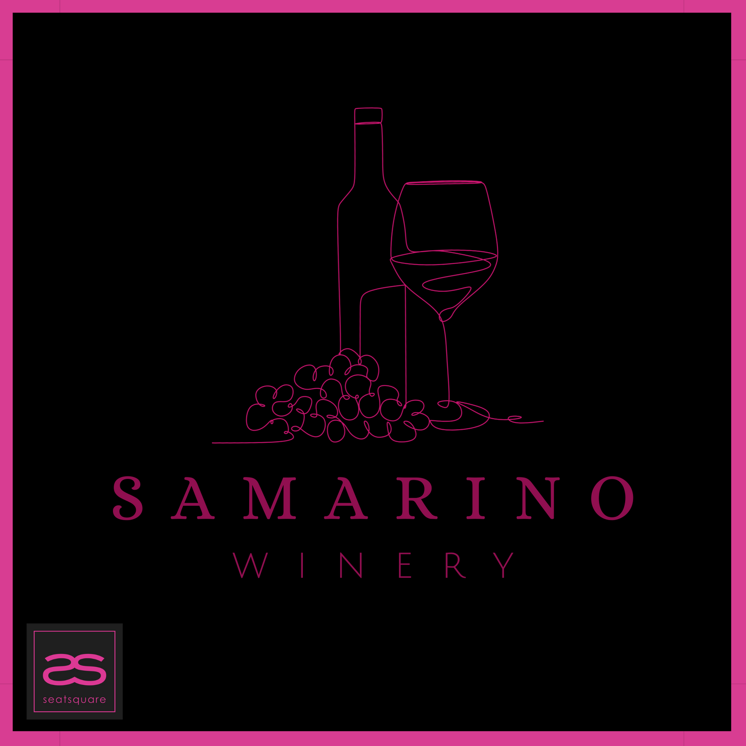 Seat Square | A custom pink line print with a Winery logo and image of a wine bottle, grapes and a wine glass on black Seat Square